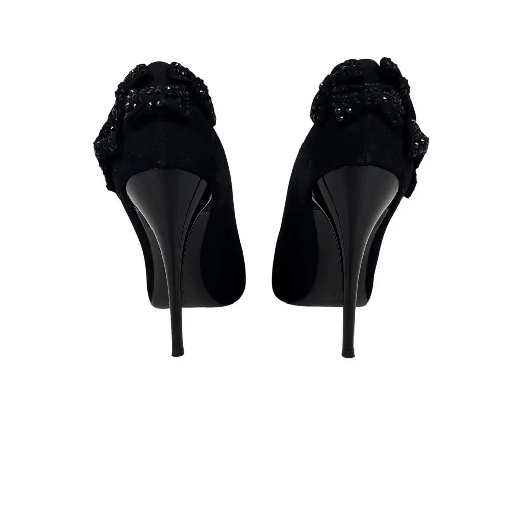 Giuseppe‎ Zanotti Black Suede Bow Embellished Peep Toe Stiletto Sandals 37 EU